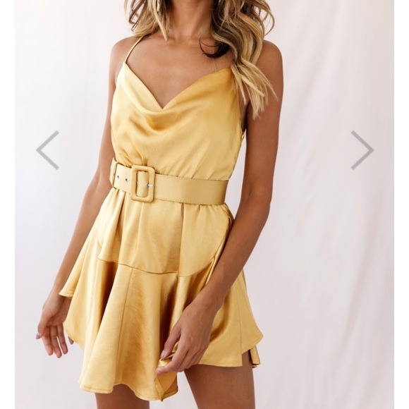 Selfie Leslie Belted Satin Cowl Neck Dress - Mustard - Picture 2 of 14